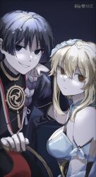 1boy 1girl arm_cutout armor artist_name black_background black_bodysuit black_corset black_eyes black_hat black_kimono black_sleeves blonde_hair blunt_ends bodysuit breasts brown_eyes closed_mouth corset crazy_eyes criss-cross_halter detached_sleeves dress eyelashes eyeliner eyeshadow flower genshin_impact gold gold_trim grey_hair hair_flower hair_ornament halterneck hand_on_own_face hat highres holding holding_unworn_clothes holding_unworn_hat huiyue1016 japanese_armor japanese_clothes jewelry jingasa juban kimono kote kurokote large_breasts looking_at_viewer lumine_(genshin_impact) makeup mitsudomoe_(shape) neck_ring open_clothes open_kimono open_mouth purple_rope red_eyeliner red_eyeshadow red_hat red_kimono rope scaramouche_(genshin_impact) scarf shimenawa short_hair short_hair_with_long_locks sidelocks smile tomoe_(symbol) twintails two-tone_hat unworn_hat unworn_headwear white_dress white_flower white_kimono white_mouth white_rope white_scarf white_sleeves