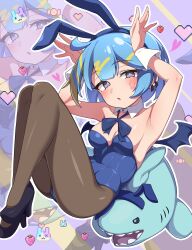1girl absurdres animal_ear_hairband animal_ears black_pantyhose blue_bow blue_bowtie blue_hair blue_leotard bow bowtie breasts demon_wings detached_collar fake_animal_ears hairband high_heels highres leotard lil-la_(yu-gi-oh!) live_twin_lil-la live_twin_lil-la_sweet medium_breasts mujin_(mujinzairaisen) open_mouth pantyhose playboy_bunny rabbit_ear_hairband rabbit_ears rabbit_pose short_hair strapless strapless_leotard wings wrist_cuffs yu-gi-oh! zoom_layer