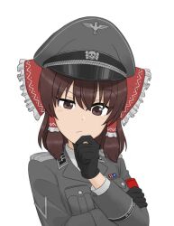 1girl black_cat03 bow brown_eyes brown_hair gloves hair_bow hakurei_reimu hat highres medium_hair military_hat military_uniform nazi reichsadler simple_background skull_and_crossbones ss_insignia swastika touhou white_background