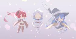 Rule 34 | 3girls, :3, ahoge, black hairband, blue hair, blush stickers, braid, brown cloak, brown footwear, brown shorts, cape, chibi, cloak, closed eyes, closed mouth, curtsey, dress, eris greyrat, flat chest, full body, fur-trimmed cape, fur trim, hair between eyes, hairband, highres, holding, holding staff, holding sword, holding weapon, long hair, looking at viewer, mage staff, multiple girls, mushoku tensei, ne ko ko, open mouth, red eyes, red hair, roxy migurdia, short hair, shorts, shouting, simple background, smile, staff, sword, sylphiette (mushoku tensei), twin braids, very long hair, weapon, white dress, white footwear, white hair