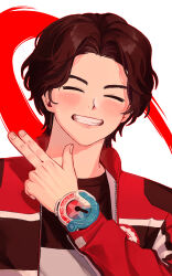 Rule 34 | 1boy, absurdres, bakuage sentai boonboomger, boonboom changer, brown hair, closed eyes, highres, jacket, male focus, miong (kisa507), parted lips, red jacket, short hair, simple background, smile, solo, super sentai, upper body, white background