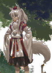 1girl animal_ear_fluff animal_ears bandaged_chest bird black_skirt clothing_cutout commentary_request cropped day detached_sleeves duck feet_out_of_frame from_side hands_on_own_hips hat highres inubashiri_momiji long_hair long_sidelocks nature oubachiago pleated_skirt pom_pom_(clothes) ponytail procreate_(medium) red_eyes red_sash sash side_cutout sidelocks skirt solo standing tail tokin_hat touhou tree turtleneck white_hair wolf_ears wolf_girl wolf_tail