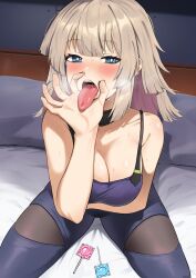 1girl aa-12_(girls&#039;_frontline) blue_eyes blush breasts bright_pupils brown_hair candy cleavage commentary english_commentary fellatio_gesture food girls&#039;_frontline girls&#039;_frontline_2:_exilium highres kion-kun lind_(girls&#039;_frontline_2) long_hair looking_at_viewer on_bed open_mouth sitting solo sweat teeth tongue tongue_out upper_teeth_only white_pupils