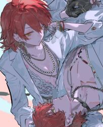 1boy 1girl bra bracelet chain chain_necklace collar collarbone earrings gloves hair_between_eyes jacket jewelry looking_at_another lying necklace on_back open_clothes open_jacket original pearl_necklace qyzhiaiyisheng red_hair ring short_hair underwear upper_body white_jacket yellow_eyes