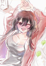 1girl ;d absurdres arms_up black_hair black_tank_top blush bonnouji_momoha breasts cleavage collarbone commentary_request daikon drunk fangs hair_between_eyes highres jacket kimi_no_koto_ga_dai_dai_dai_dai_daisuki_na_100-nin_no_kanojo large_breasts long_hair looking_at_viewer nose_blush one_eye_closed open_clothes open_jacket open_mouth own_hands_together oyomidtarumi radish red_jacket smile solo tank_top tongue tongue_out upper_body