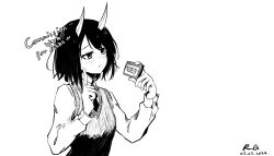 Rule 34 | 1girl, aoki ruri, collared shirt, commission, commissioner name, dated, dragon girl, dragon horns, highres, holding cassette, horns, long sleeves, monochrome, necktie, rnna, ruridragon, shirt, signature, simple background, slit pupils, solo, upper body, vest, white background