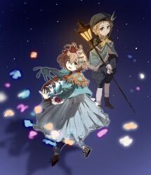 2girls :d absurdres ahoge ankle_boots belt beret blue_background blue_bow blue_cloak blue_dress blue_eyes blue_hat blue_jacket blue_pants blue_scarf blue_shorts boots bow brown_belt brown_hair cloak dress flutterpage full_body hair_bow hat highres holding_lamp jacket lamplighter_(reverse:1999) lamppost light_particles long_dress looking_at_viewer multiple_girls multiple_hair_bows open_mouth orange_scarf pants pants_under_dress red_bow reverse:1999 scarf shadow short_hair shorts smile standing two-tone_scarf zhanling_zhouliu