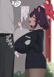 1boy 1girl absurdres animal_ears black_hair blue_archive blush breasts check_translation clothed_sex clothes doodle_sensei_(blue_archive) grabbing_own_breast head_out_of_frame height_difference hetero highres huge_breasts japanese_text kaede_(blue_archive) kaede_(guide)_(blue_archive) long_hair looking_at_viewer noe_(ppppriver) open_mouth paizuri paizuri_under_clothes penis perpendicular_paizuri sensei_(blue_archive) shortstack standing_paizuri translated translation_request yellow_eyes