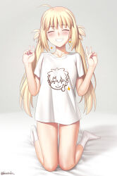 Rule 34 | absurdres, artist name, artoria caster (fate), artoria pendragon (fate), besmiled, blonde hair, blush, closed eyes, fate/grand order, fate (series), fujimaru ritsuka (male), highres, kneeling, long hair, smile, socks, sparkle, tank top, thighhighs, thumbs up, twintails, v