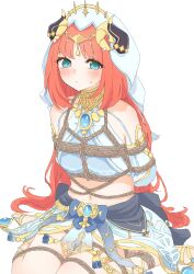 1girl absurdres bdsm blunt_bangs bondage bound fake_horns frogtie genshin_impact harem_outfit highres horns long_hair nilou_(genshin_impact) red_hair restrained rope shibari shibari_over_clothes sitting softo3932 thighs variant_set veil very_long_hair wariza