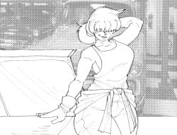 1girl 1shermieaday breasts car curvy female_focus gloves hair_bun hand_up huge_breasts large_breasts long_hair motor_vehicle pants shermie_(kof) shirt smile standing tank_top the_king_of_fighters thick_thighs thighs wide_hips