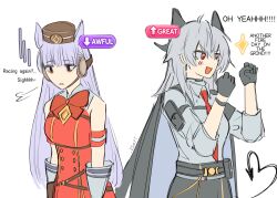 .osari 2girls animal_ears arm_pouch armband bags_under_eyes black_gloves black_horns black_jacket black_pants black_pouch black_tail breasts buttons clenched_hands collared_shirt commentary crossover curled_horns demon_tail double-breasted dress english_text gloves gold_ship_(umamusume) grey_hair grey_shirt hands_up headphones highres horns horse_ears horse_girl jacket jacket_on_shoulders long_hair medium_breasts multiple_girls necktie open_mouth out_of_character pants personality_switch pink_eyes red_dress red_eyes red_necktie shirt shirt_tucked_in sigh smile status_effect symbol-only_commentary tail ueda_hitomi umamusume voice_actor_connection white_gloves wuthering_waves zani_(wuthering_waves)