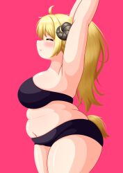 1girl absurdres armpits arms_up black_bra black_shorts blonde_hair blush bra breasts closed_eyes curled_horns from_side highres hololive horns large_breasts long_hair navel pink_background plump ponytail sheep_girl sheep_horns sheep_tail short_shorts shorts solo standing stretching tail thick_thighs thighs tsunomaki_watame underwear virtual_youtuber vlack
