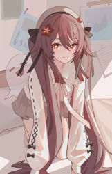 1girl absurdres ai_dongdong all_fours boo_tao_(genshin_impact) brown_hair commentary_request flower flower-shaped_pupils genshin_impact ghost grin hair_between_eyes hair_flower hair_ornament hat highres hu_tao_(genshin_impact) long_hair long_sleeves looking_at_viewer red_eyes shirt skirt smile solo symbol-shaped_pupils twintails very_long_hair white_hat white_shirt