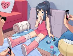 1girl 3others bag blue_eyes blue_hair boots bottle bracelet camera cellphone character_print chiwino commentary_request cushion dawn_(pokemon) dive_ball dress duffel_bag eyelashes full_body gen_2_pokemon gen_3_pokemon gen_6_pokemon goomy hand_up heart heart_print holding holding_camera holding_phone idol indoors jewelry long_hair matching_hair/eyes multiple_others net_ball nintendo over-kneehighs phone pink_boots pink_dress poke_ball pokemon pokemon:_arceus_and_the_jewel_of_life pokemon_(anime) pokemon_dppt pokemon_dppt_(anime) pokemon_platinum ponytail recording scarf sidelocks sitting smile solo_focus taking_picture themed_object thighhighs towel unown wailmer white_scarf yes yes-no_pillow