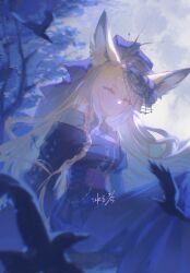 1girl absurdres ambience_synesthesia animal_ear_fluff animal_ears arknights bare_shoulders bingyuqin bird black_dress black_hat blonde_hair braid closed_mouth dress facial_mark fox_ears fox_girl hair_between_eyes hat highres long_hair looking_at_viewer official_alternate_costume orange_hair sidelocks single_braid smile solo vulpisfoglia_(arknights)