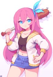 1girl artist_name aubrey_(faraway)_(omori) aubrey_(omori) baseball_bat black_shirt blue_eyes blue_hairband blue_skirt bow_hairband closed_mouth commentary cowboy_shot crop_top cropped_shirt denim denim_skirt double-parted_bangs drop_shadow english_commentary eyebrows_hidden_by_hair frown hair_between_eyes hairband hand_on_own_hip highres holding holding_baseball_bat jacket joshua_pixels long_hair long_sleeves looking_at_viewer midriff miniskirt nail_(hardware) nail_bat navel omori open_clothes open_jacket pixel_art puffy_long_sleeves puffy_sleeves sailor_collar shirt sidelocks simple_background skirt solo standing v-shaped_eyebrows very_long_hair white_background white_jacket yellow_sailor_collar
