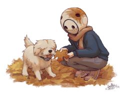 Rule 34 | 1boy, alternate costume, autumn leaves, blue sweater, character name, collar, commentary, crack, dated, dog, english commentary, gab (kyokugen dasshutsu), helmet, holding, holding leaf, kyokugen dasshutsu, leaf, long sleeves, male focus, q (kyokugen dasshutsu), rust, scarf, shoelaces, shoes, sigmacatdilemma, signature, simple background, squatting, sweater, white background, yellow shoes, zero escape: toki no dilemma, zipper
