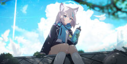 Rule 34 | 1boy, 1girl, absurdres, animal ear fluff, animal ears, black jacket, black skirt, blue archive, blue eyes, blue scarf, blush, bottle, cross hair ornament, doodle sensei (blue archive), extra ears, from below, from side, gloves, green gloves, grey hair, hair ornament, hayate (1034853996), highres, holding, holding bottle, id card, jacket, kneehighs, long hair, parted lips, plaid clothes, plaid skirt, scarf, sensei (blue archive), shiroko (blue archive), shirt, single glove, skirt, socks, white shirt, white socks, wolf ears, wolf girl