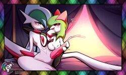 arm_blade artist_name black_eyeshadow blush cleft_of_venus collar cum dustedpollen ejaculation eyeshadow gallade gen_3_pokemon gen_4_pokemon green_hair heart heart_in_eye holding holding_leash horns kirlia leash loli makeup mega_gallade mega_pokemon nintendo open_mouth penis pokemon pokemon_(creature) pussy second-party_source sidelocks sitting smile symbol_in_eye weapon