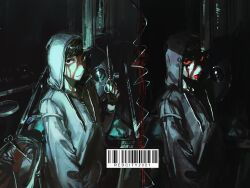 Rule 34 | barcode, black hair, blood, blood on clothes, blood on face, blood on hands, bloodshot eyes, bloody weapon, c1grhin, colored sclera, cry of fear, dark, dual persona, eyes in shadow, green theme, grey hoodie, grin, hand up, highres, holding, holding scissors, hood, hood up, hoodie, hospital, looking at viewer, open mouth, red sclera, scissors, simon henriksson, simon henriksson (book), smile, weapon