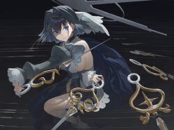 1girl absurdres black_hair black_skirt black_thighhighs blue_eyes breasts chain chain_headband dagger grey_halo hair_intakes halo highres holding holding_dagger holding_knife holding_weapon hololive hololive_english knife large_breasts ouro_kronii ouro_kronii_(1st_costume) sideboob single_thighhigh skirt solo starshell thighhighs veil virtual_youtuber weapon