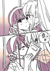 2girls absurdres hair_bun hair_ornament hair_stick heaven_burns_red highres implied_kiss kanzaki_adelheid long_hair monochrome multiple_girls ponytail sanpachishiki_(gyokusai-jima) satsuki_mari twintails very_long_hair yuri