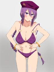 1girl beret blush bra braid braided_ponytail breasts cleavage hands_on_own_hips hat highres large_breasts legs long_hair looking_at_viewer navel panties purple_bra purple_eyes purple_hair purple_panties sideboob sion_eltnam_(type-moon) sion_eltnam_atlasia smile solo thighs tsukihime underwear