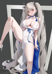 1girl absurdly_long_hair absurdres azur_lane blue_choker blue_ribbon blunt_bangs blush breasts choker classic_(zildjian33) cleavage closed_mouth collarbone covered_erect_nipples cropped dress formidable_(anniversary_memories)_(azur_lane) formidable_(azur_lane) grabbing_own_thigh grey_background grey_hair hair_ornament halter_dress halterneck high_heels highres large_breasts leg_lift leg_up long_hair looking_at_viewer official_alternate_costume pelvic_curtain red_eyes ribbon shoes sideless_dress simple_background sitting sleeveless sleeveless_dress solo thighs twintails two-sided_dress two-sided_fabric very_long_hair white_dress white_shoes
