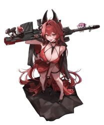 1girl anti-materiel_rifle barrett_m82a2 blance bullpup doro_(nikke) dorothy_(nikke) dress evening_gown goddess_of_victory:_nikke gun highres holding holding_gun holding_weapon horns mechanical_horns official_alternate_costume red_dress red_hair red_hood_(nikke) rifle simple_background sniper_rifle weapon white_background yellow_eyes
