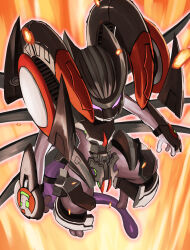 absurdres armor commentary_request creatures_(company) crotch_plate full_body game_freak gen_1_pokemon glowing helmet highres jira_(ziraiya26) legendary_pokemon mewtwo nintendo orange_background pokemon pokemon:_mewtwo_strikes_back_-_evolution pokemon_(anime) pokemon_(creature) purple_eyes shoulder_armor solo