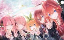 5girls absurdres ahoge black_jacket blazer blue_eyes butterfly_hair_ornament cellphone clenched_teeth closed_mouth cloud cloudy_sky commentary_request day go-toubun_no_hanayome green_ribbon hair_between_eyes hair_ornament hair_ribbon headphones headphones_around_neck highres holding holding_phone jacket long_hair long_hair_between_eyes long_sleeves looking_at_viewer multiple_girls nakano_ichika nakano_itsuki nakano_miku nakano_nino nakano_yotsuba one_eye_closed open_mouth orange_hair outdoors phone pink_hair quintuplets rainbow renoahh ribbon school_uniform selfie siblings sisters sky smartphone smile soap_bubbles star_(symbol) star_hair_ornament taking_picture teeth tongue tongue_out v viewfinder watermark winter_uniform