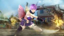1girl 3d anklet ayane_(doa) bare_shoulders breasts cleavage headband japanese_clothes jewelry large_breasts purple_hair ribbon scarf sengoku_musou sengoku_musou_2 sword weapon
