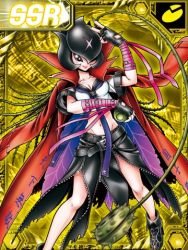 Rule 34 | 1girl, bancholilimon, banchou, belt, black eyes, boots, buckle, delinquent, digimon, digimon (creature), digimon collectors, female focus, lowres, monster girl, nail polish, official art, plant, scar, school uniform, smile, solo, vines, weapon, wings