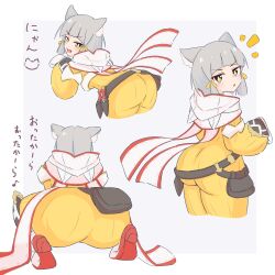 1girl animal_ears ass bodysuit cat_ears facial_mark grey_hair highres huge_ass jumpsuit nia_(xenoblade) solo uncool_mochi xenoblade_chronicles_(series) xenoblade_chronicles_2 yellow_bodysuit yellow_eyes yellow_jumpsuit