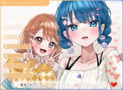 2girls :d bare_shoulders blue_eyes blue_hair blush braid brown_eyes brown_hair collarbone double_v earrings hair_bun hair_ornament hanasato_minori heart heart_hair_ornament jewelry kiritani_haruka long_sleeves looking_at_viewer multiple_girls nail_polish off-shoulder_shirt off-shoulder_sweater off_shoulder open_mouth project_sekai shirt short_hair sleeves_past_wrists smile sweater upper_body v white_shirt yuuyu_(moco20111115)