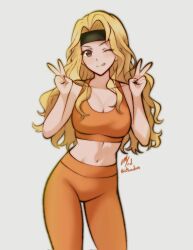1girl ;q bare_arms black_headband blonde_hair breasts brigid_(fire_emblem) cleavage fire_emblem fire_emblem:_genealogy_of_the_holy_war headband highres long_hair medium_breasts navel nintendo one_eye_closed orange_pants orange_sports_bra pants rotomdocs smile solo sports_bra tongue tongue_out v
