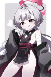 1girl absurdres bandages bare_shoulders blue_archive blush closed_mouth flower halo highres japanese_clothes kimono loli long_hair looking_at_viewer panties pink_eyes pointy_ears red_halo shuro_(blue_archive) simple_background sir_orangutan smile solo solo_focus tongue tongue_out underwear white_hair white_panties