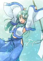 1girl :d armpits bare_shoulders blue_hakama blush_stickers collared_shirt detached_sleeves frog_hair_ornament gohei green_eyes green_hair hair_ornament hair_tubes hakama hip_vent holding holding_gohei japanese_clothes kochiya_sanae long_hair long_sleeves midriff navel open_mouth patterned_clothing rangycrow shirt single_hair_tube single_sidelock sleeveless sleeveless_shirt smile snake_hair_ornament solo touhou upper_body wide_sleeves