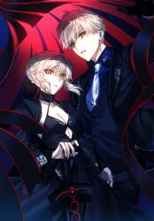 1boy 1girl alternate_costume arthur_pendragon_(fate) arthur_pendragon_alter_(fate) artoria_pendragon_(fate) black_dress black_ribbon black_suit blonde_hair blue_necktie breasts cleavage commentary_request dark_persona dress excalibur_morgan_(fate) fate/grand_order fate_(series) formal_clothes hair_ribbon height_difference highres holding holding_sword holding_weapon long_sleeves necktie pale_skin planted planted_sword planted_weapon ribbon saber_alter seseragi_azuma short_hair small_breasts suit sword weapon yellow_eyes