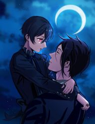 2boys absurdres after_kiss age_difference bishounen black_hair ciel_phantomhive earrings formal_clothes hair_between_eyes highres jewelry kuroshitsuji long_sleeves male_focus multiple_boys onii-shota ouji_fashion saliva saliva_trail sebastian_michaelis shirt short_hair suit uneasywolf victorian yaoi