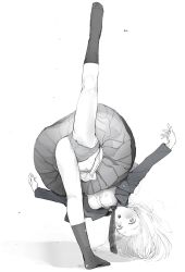 Rule 34 | 1girl, blazer, blush, full body, highres, jacket, looking at viewer, making-of available, masuda (yousaytwosin), miniskirt, navel, necktie, open clothes, open jacket, original, panties, pantyshot, parted lips, pleated skirt, school uniform, shirt, signature, simple background, skirt, solo, split, spread legs, standing, standing on one leg, standing split, underwear, white background