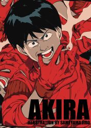 1boy akira_(manga) artist_name black_eyes black_hair cigarette commentary_request copyright_name english_text finger_in_own_mouth gloves holding holding_cigarette jacket kaneda_shoutarou_(akira) looking_at_viewer male_focus mouth_pull open_mouth red_gloves red_jacket red_theme sameyama_jiro short_hair sleeves_pushed_up smile smoke smoke_trail solo swept_bangs teeth upper_body
