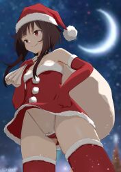&gt;:) 1girl armpit_peek bag black_choker blurry blurry_background breasts brown_hair choker christmas cleft_of_venus closed_mouth clothes_lift commentary_request cowboy_shot crescent_moon crotch_seam depth_of_field dress dress_lift elbow_gloves frilled_panties frills fur-trimmed_dress fur-trimmed_gloves fur-trimmed_thighhighs fur_trim gloves hat highleg highleg_panties highres holding holding_bag kono_subarashii_sekai_ni_shukufuku_wo! legs_apart long_sidelocks looking_ahead megumin micro_panties moon night night_sky panties pantyshot pussy pussy_peek red_dress red_eyes red_gloves red_panties red_thighhighs santa_hat short_dress short_hair_with_long_locks sidelocks sirokohi sky small_breasts smug solo split_mouth standing star_(sky) starry_sky strapless strapless_dress thighhighs tree underwear upskirt v-shaped_eyebrows variant_set wind wind_lift zettai_ryouiki