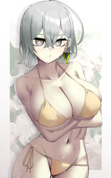 1girl absurdres arms_under_breasts bare_shoulders bikini border breasts collarbone cotan_(actancyaga) cowboy_shot crossed_arms diabellstar_the_black_witch duel_monster earrings gold_bikini grey_background grey_eyes grey_hair highres huge_breasts jewelry short_hair side-tie_bikini_bottom solo swimsuit white_border yu-gi-oh!