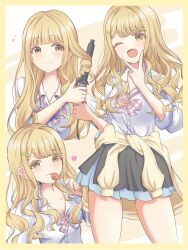 1girl ;d absurdres alternate_hairstyle blonde_hair border bow bowtie breasts candy cleavage clothes_around_waist commentary_request curling_iron fang food fujita_kotone gakuen_idolmaster gyaru hair_ornament hairclip highres holding holding_candy holding_curling_iron holding_food holding_lollipop idolmaster lollipop long_hair looking_at_viewer medium_breasts multiple_views one_eye_closed open_mouth puren_416 shirt skirt smile thighs v wavy_hair white_shirt yellow_border yellow_eyes