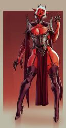 1girl absurdres arm_tattoo armor black_horns black_lips breasts buttedraws chest_tattoo cleavage colored_skin corset cross demon_girl face_piercing facial_tattoo full_body garter_straps high_heels highres horns inverted_cross inverted_cross_tattoo large_breasts lip_piercing looking_at_viewer nose_piercing nose_ring original pauldrons piercing pointy_ears red_skin short_hair shoulder_armor solo tattoo thighhighs white_hair yellow_eyes