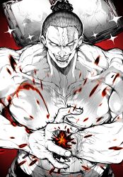 1boy absurdres blank_eyes blood blood_splatter cannon clapping commentary_request cursed_energy_(jujutsu_kaisen) greyscale grin highres jujutsu_kaisen large_pectorals male_focus monochrome muscular muscular_male pectorals scar scar_across_eye scar_on_face short_hair sideburns smile solo sparkle_background spoilers spot_color topless_male toudou_aoi_(jujutsu_kaisen) upper_body veiny_neck yotsumi_shiro
