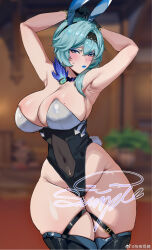 1girl animal_ears armpits arms_up b.sa_(bbbs) bad_tag black_gloves black_hairband blue_hair blurry blurry_background blush breasts cleavage covered_navel curvy eula_(genshin_impact) fake_animal_ears genshin_impact gloves hairband highleg highleg_leotard highres large_breasts leotard looking_at_viewer medium_hair mole mole_on_breast mole_on_thigh playboy_bunny rabbit_ears skindentation solo tail thick_thighs thighhighs thighs wide_hips