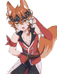 Rule 34 | 1boy, animal ears, black headband, black shorts, commentary request, cowboy shot, douki (user ukpk2352), ein (mahjong soul), fang, fox boy, fox ears, headband, holding, holding mahjong tile, looking at viewer, mahjong, mahjong soul, mahjong tile, male focus, open mouth, orange hair, red shirt, shirt, short hair, shorts, simple background, sleeveless, sleeveless shirt, smile, solo, white background, yellow eyes